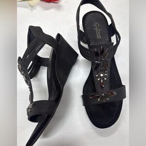Jaclyn Smith Black Gem-Embellished Wedge Sandals